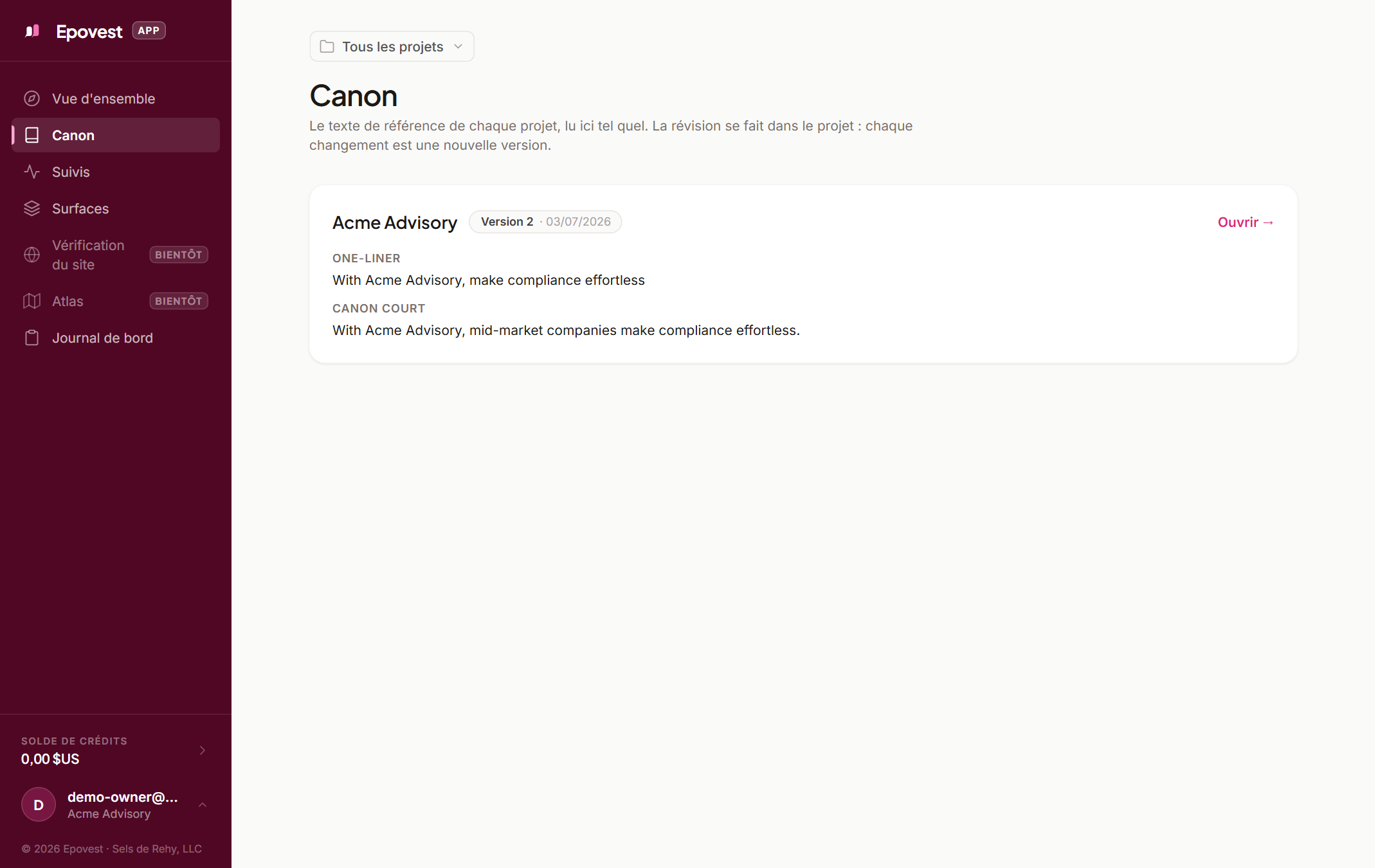 La page Canon d'un projet dans l'app Epovest, avec le texte de référence et sa version courante