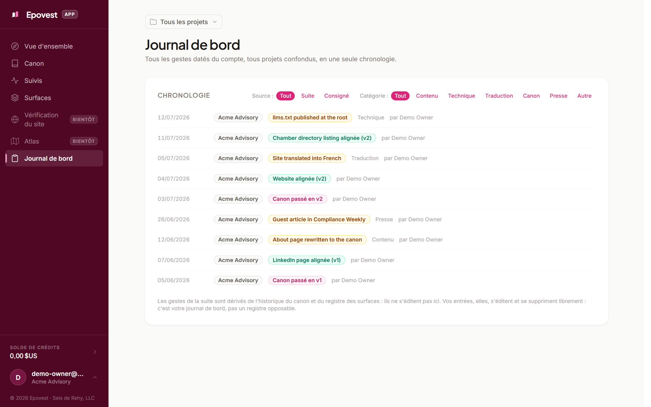 Le journal de bord d'un projet dans l'app Epovest : la chronologie composée des gestes GEO
