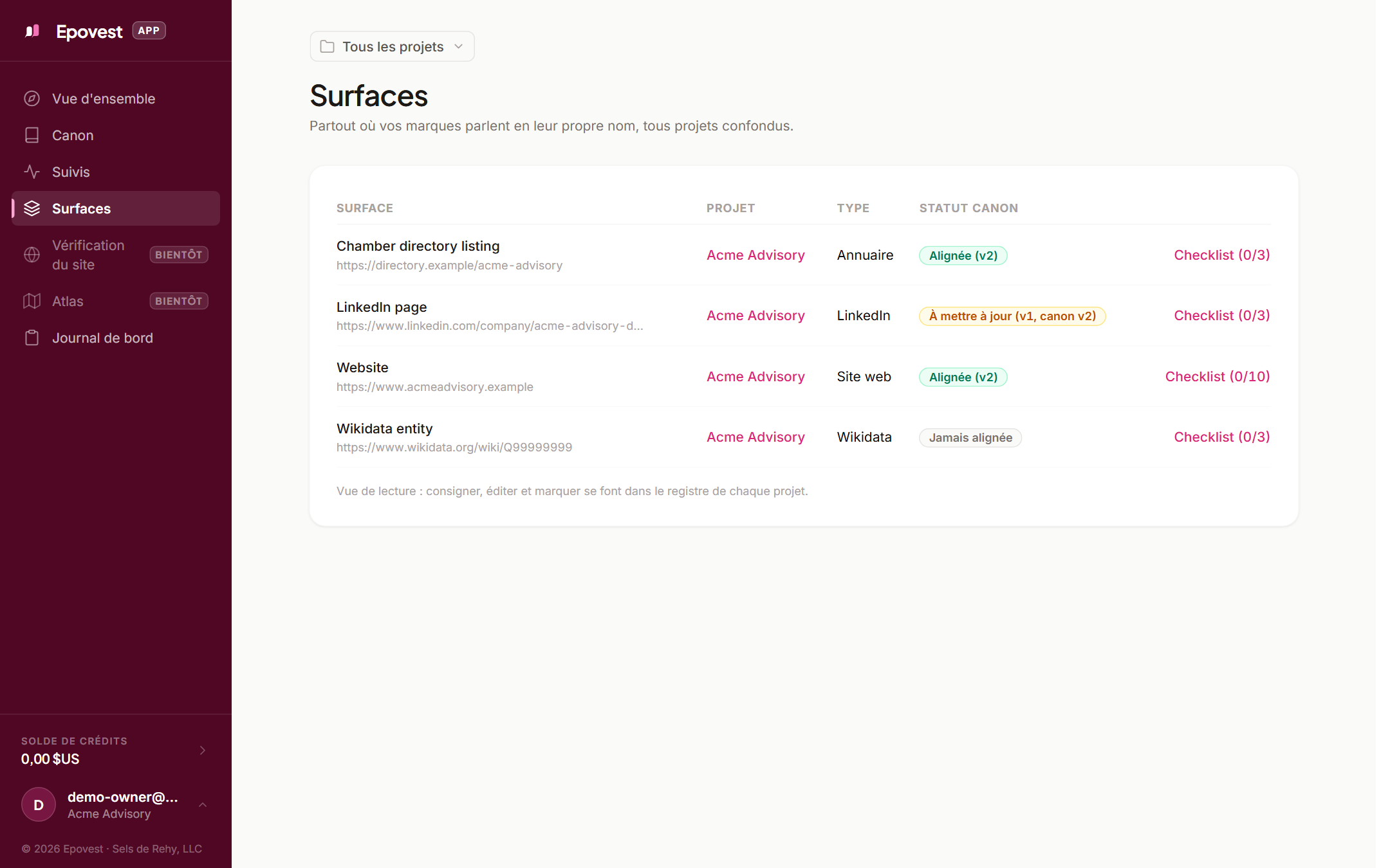 Le registre Surfaces d'un projet dans l'app Epovest, avec les statuts d'alignement
